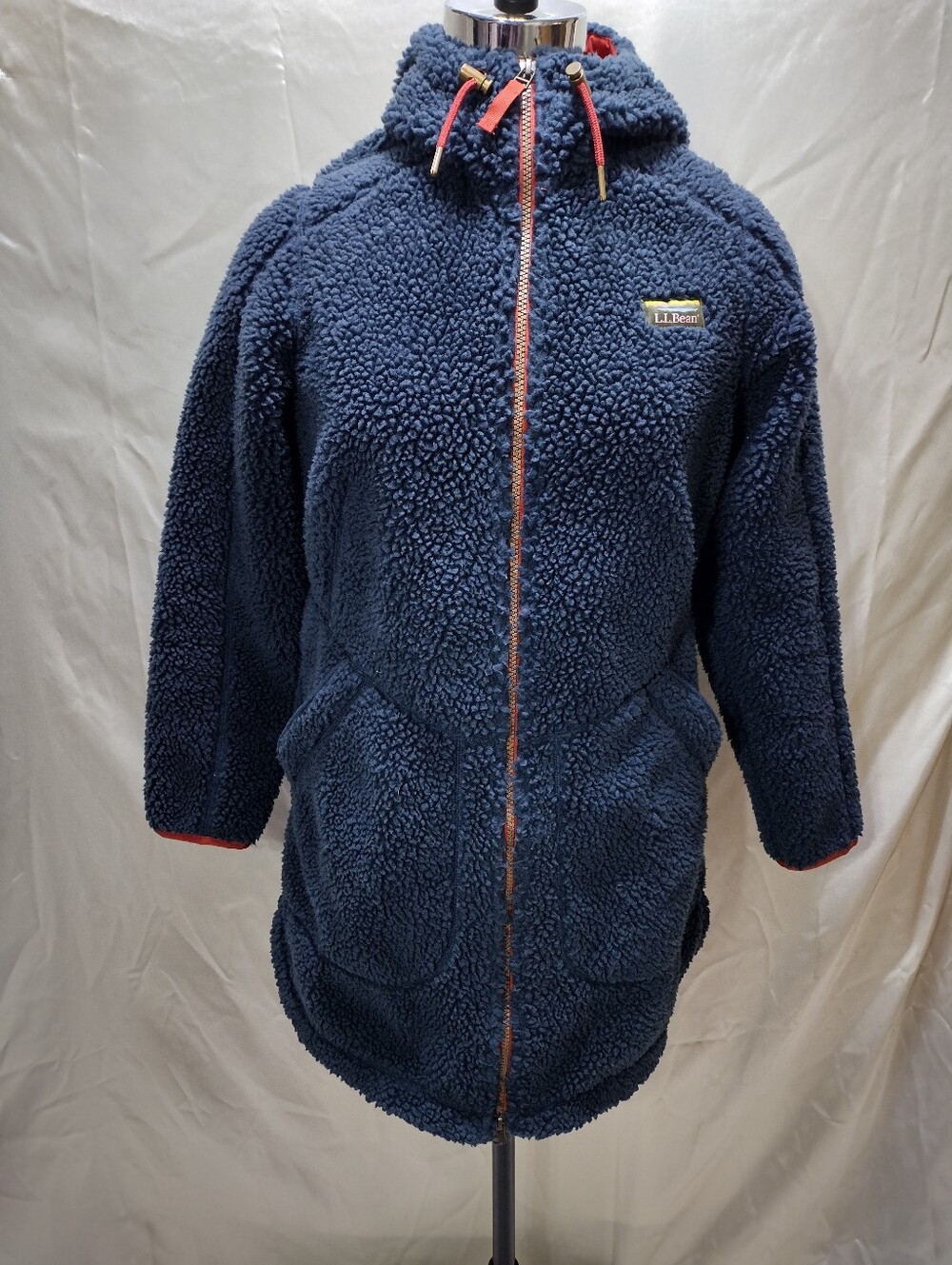 LL Bean Womens Mountain Pile Fleece Coat Navy Blue Hooded Jacket 508967 Medium